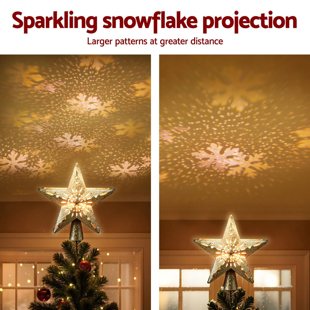 Jingle Jollys Christmas Tree Topper Star Snowflake Projector Party Glitter Gold