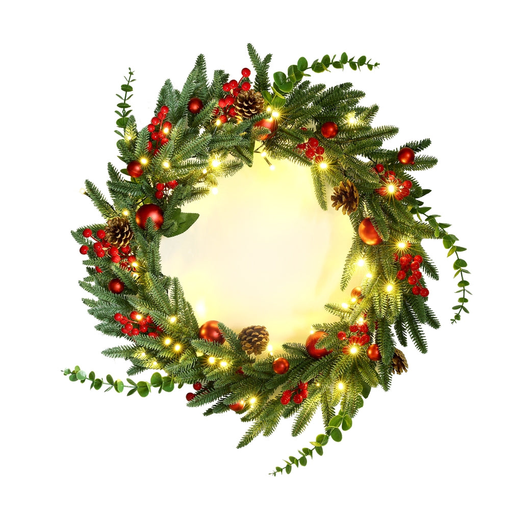 Jingle Jollys Christmas Wreath 60CM LED Garland Berries Pine Cones Party Decor