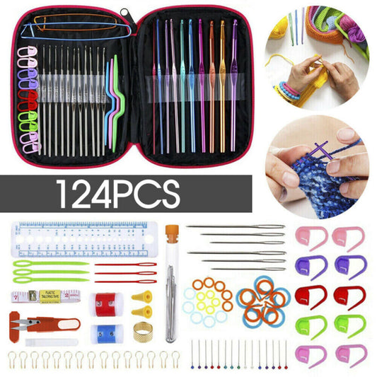 124 pcs Crochet Hooks Set Kit Weave Yarn Knitting Needles Sewing DIY Tools Case TheliCraft