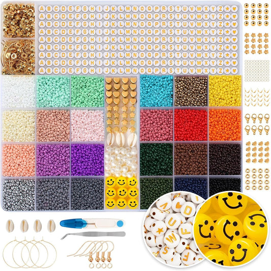 2mm 24000pcs 24 Colourful Mini Glass Beads with 300 Letters Smiley Beads Bracelets Kit TheliCraft