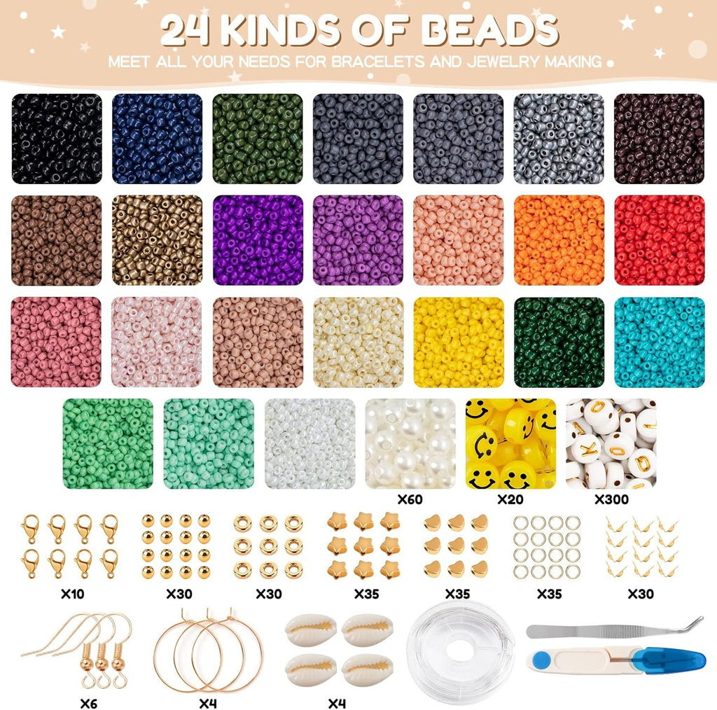 2mm 24000pcs 24 Colourful Mini Glass Beads with 300 Letters Smiley Beads Bracelets Kit TheliCraft