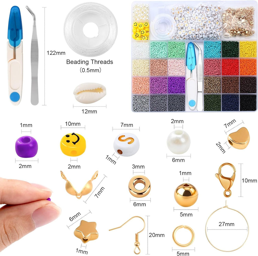 2mm 24000pcs 24 Colourful Mini Glass Beads with 300 Letters Smiley Beads Bracelets Kit TheliCraft