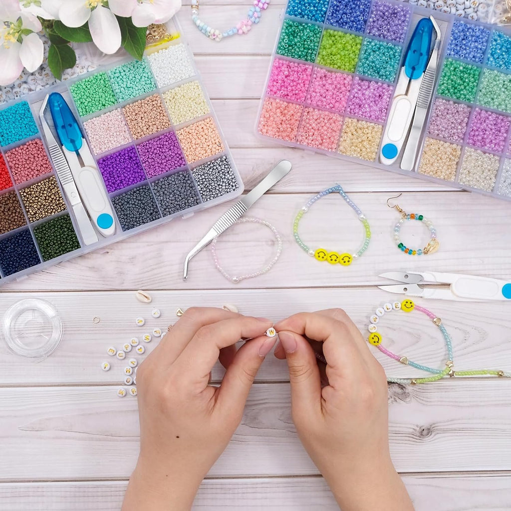 2mm 24000pcs 24 Colourful Mini Glass Beads with 300 Letters Smiley Beads Bracelets Kit TheliCraft