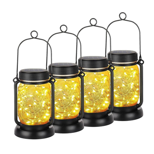LUMIRO Solar Hanging Mason Jar Lights Decorative Solar Lantern with Stakes - 4 Pack