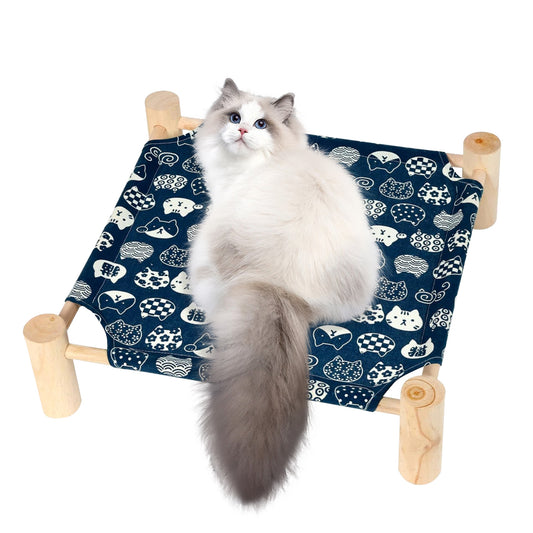 PETSWOL Elevated Cat Hammock Bed - Breathable Linen Fabric, Natural Wooden Frame
