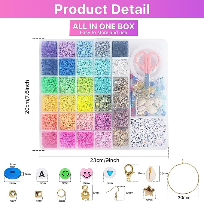 28 Colors 6380pcs 6mm Flat Round Heishi Polymer Clay Jewelry Making Kit Bead Smiley Face Beads Set TheliCraft