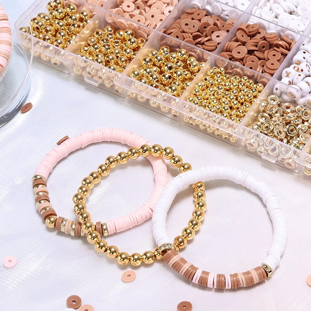 Golden & Diamond Beads Pink White Clay Beads Kit For DIY jwellery Making Clay Beads Bracelet Kit TheliCraft