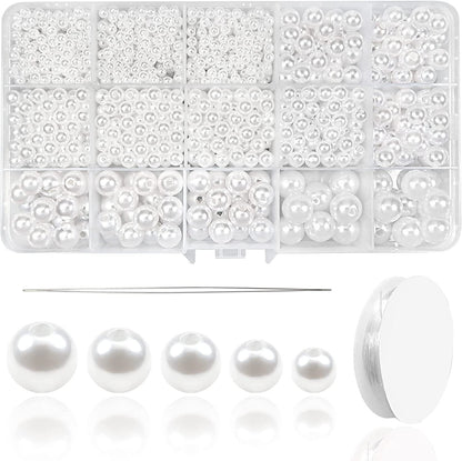 15 Grid 1400Pcs 3mm 4mm 6mm 8mm 10mm 12mm 14mm Pearl for Bracelet Making Kit ABS White Pearls for DIY Jewelry Necklace TheliCraft