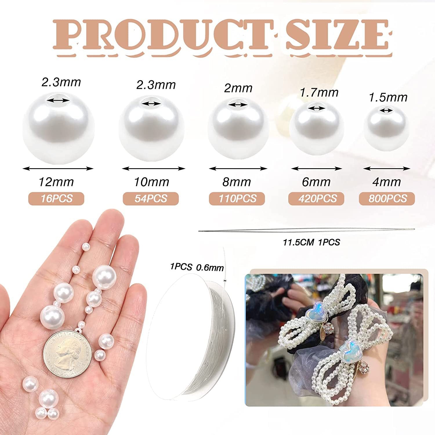 15 Grid 1400Pcs 3mm 4mm 6mm 8mm 10mm 12mm 14mm Pearl for Bracelet Making Kit ABS White Pearls for DIY Jewelry Necklace TheliCraft