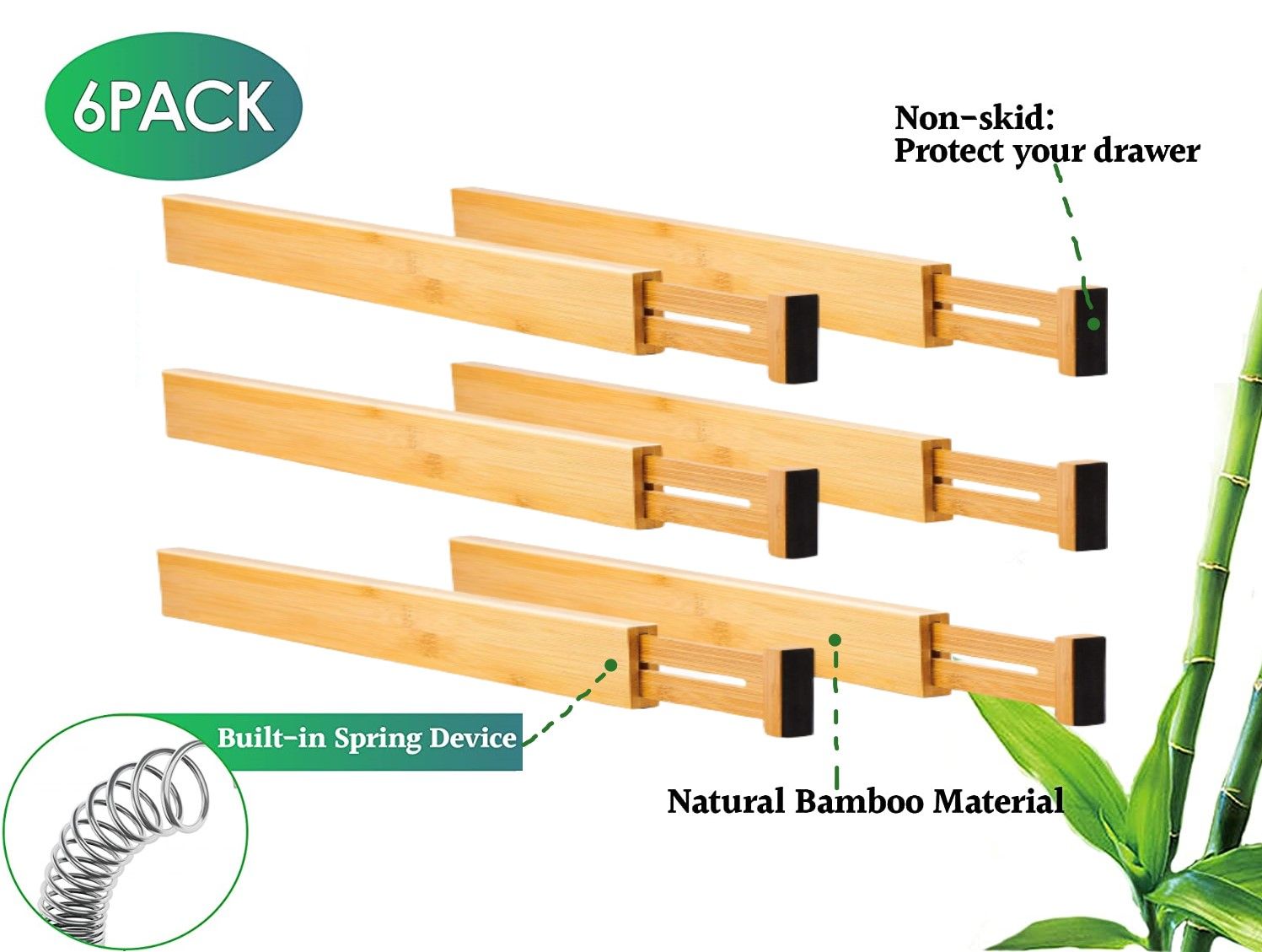 6 Pack Bamboo Adjustable Kitchen Drawer Dividers (Large, 44-55 cm)