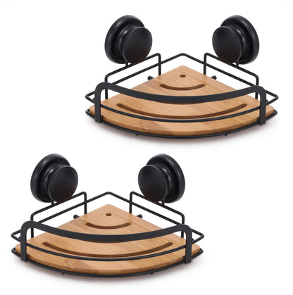 2 Pack Round Bamboo Corner Shower Caddy Shelf Basket Rack with Premium Vacuum Suction Cup No-Drilling for Bathroom and Kitchen