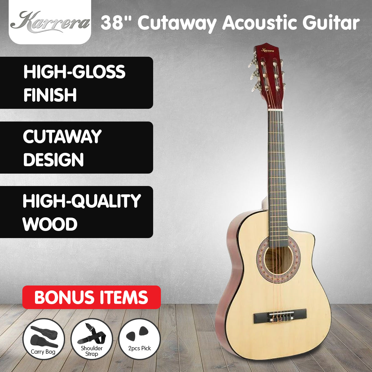 Karrera 38in Cutaway Acoustic Guitar with guitar bag - Natural