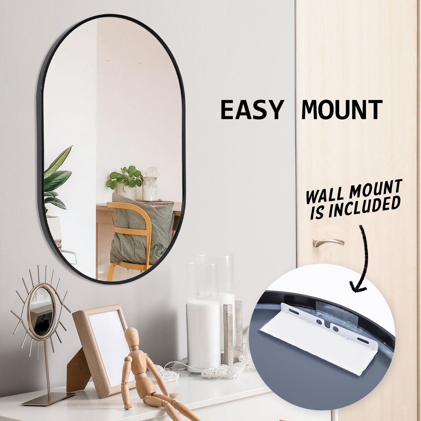 La Bella Black Wall Mirror Oval Aluminum Frame Makeup Decor Bathroom Vanity 50x75cm