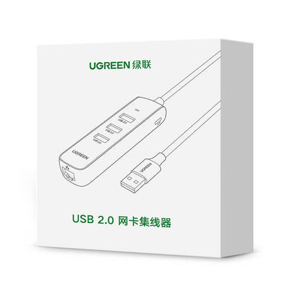 UGREEN 20984 USB 2.0 to 3 x USB2.0 with RJ45 (100Mbps) Ethernet Adapter (Black)