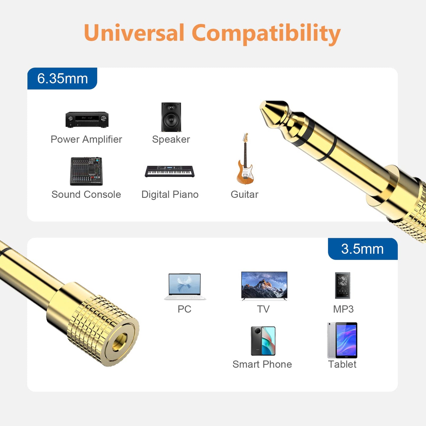 3.5mm Stereo Female to 6.35mm Male Stereo Audio Jack Adapter for Aux Cable Guitar Amplifier Headphone