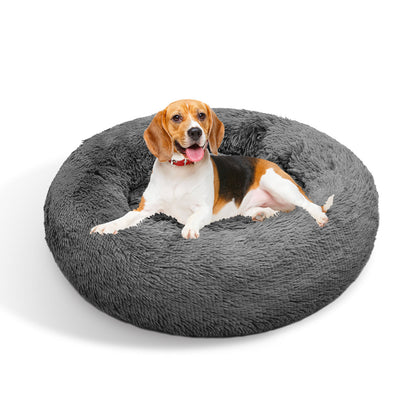 Dog Pet Cat Calming Bed Warm Plush Round Nest Comfy Sleeping Bed Dark Grey 90cm