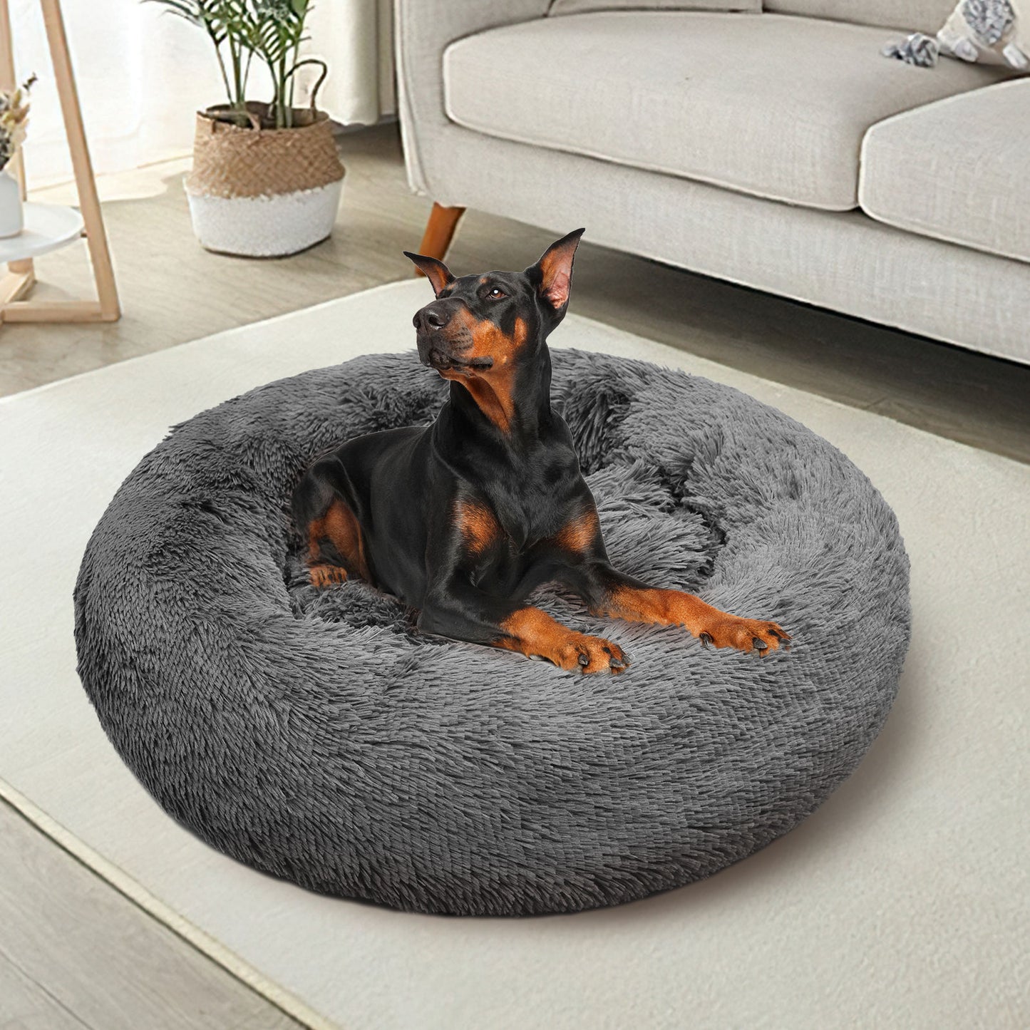 Dog Pet Cat Calming Bed Warm Plush Round Nest Comfy Sleeping Bed Dark Grey 90cm