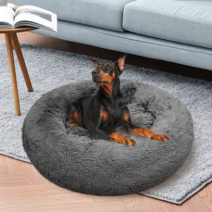 Dog Pet Cat Calming Bed Warm Plush Round Nest Comfy Sleeping Bed Dark Grey 90cm