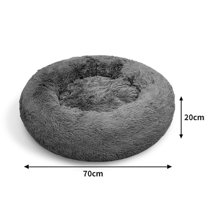 Dog Pet Cat Calming Bed Warm Plush Round Nest Comfy Sleeping Bed Dark Grey 70cm