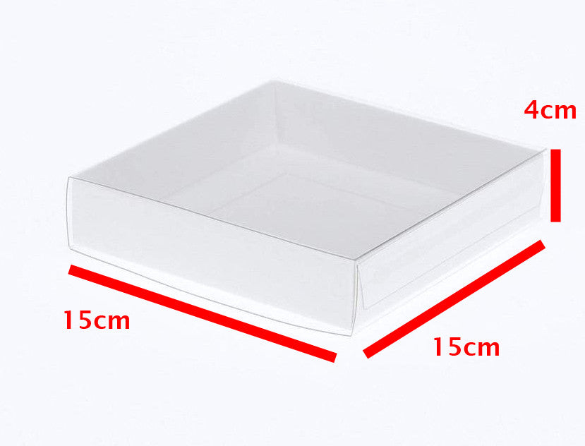 10 Pack of 15cm Square Invitation Coaster Favor Function product Presentation Cookie Biscuit Patisserie Gift Box - 4cm deep - White Card with Clear Slide On PVC Lid