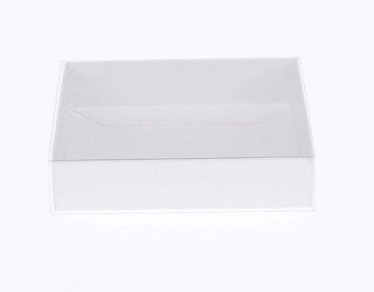 10 Pack of 15cm Square Invitation Coaster Favor Function product Presentation Cookie Biscuit Patisserie Gift Box - 4cm deep - White Card with Clear Slide On PVC Lid