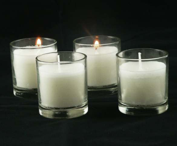 20 White Wax Clear Glass Holder Votive Candle - Wedding Event Centrepiece Table Decoration