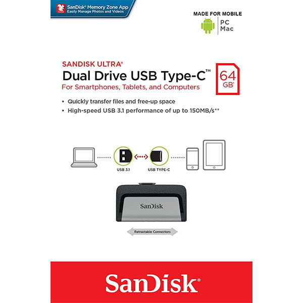 SANDISK ULTRA 64GB SDDDC2-064G Dual USB Drive Type-C 3.1